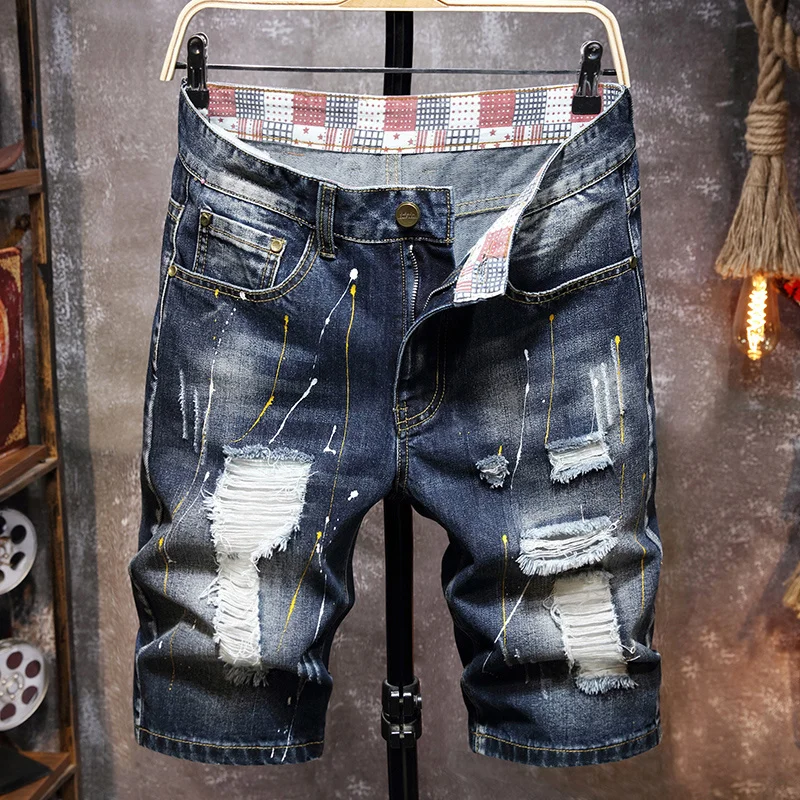 Мужские Рваные короткие джинсы с Граффити, Лето 2023, Новые Модные Повседневные Джинсовые шорты в стиле ретро с большими дырками, Мужская Брендовая одежда