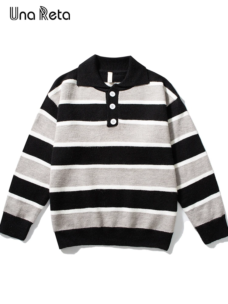 Мужской свитер Una Reta, уличная одежда, осень-зима, вязаный пуловер в полоску с отложным воротником в стиле хип-хоп, топы, свитер для пары в стиле Харадзюку