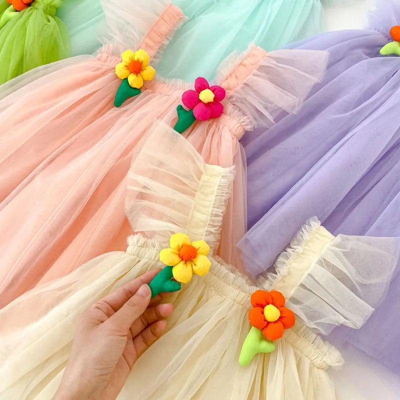 Сетчатое платье с цветами Для девочек, Лето 2023, Новое Модное Повседневное платье с расклешенными рукавами Для маленьких Девочек, Милое Платье Принцессы на Слинге