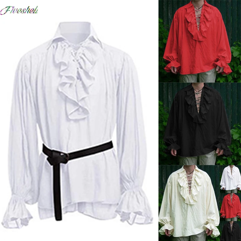Средневековые рубашки Camisa для мужчин, пиратские белые рубашки с рюшами, стимпанк, готический костюм, косплей, Ренессанс, викторианская футболка, топы викингов
